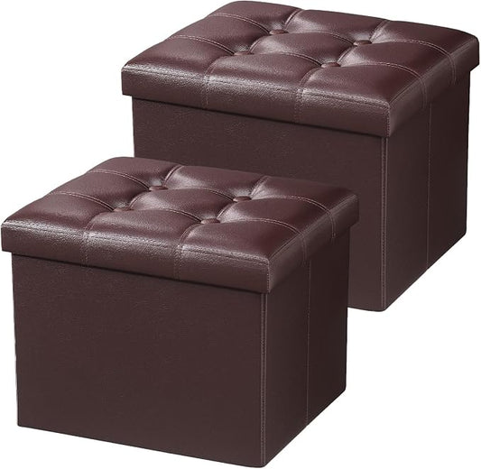 AmasSmile Storage Ottoman Folding Foot Rest Stool, Leather Footstool Bench, Short Ottoman Stool, Storage Foot Rest Store, Books (Brown-2pc, 17" D x 13" W x 13" H)