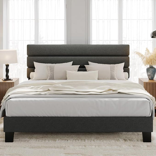 Garvee Upholstered Bed Frame with Fabric Headboard, Platform Bed with Engineered Wood Slats and Iron Frame, No Box Spring Needed, Heavy Duty Support, Grey