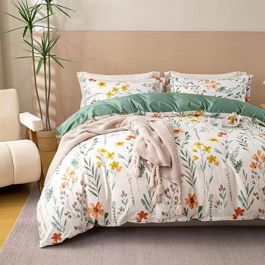 OAITE Duvet Cover Set Twin Size Floral Pattern Ultra Soft 100% Cotton Duvet Cover Sets 3-PC, Breathable Duvet Cover with Zipper Closure & Corner Ties(2 Pillow Shams,1 Duvet Cover)