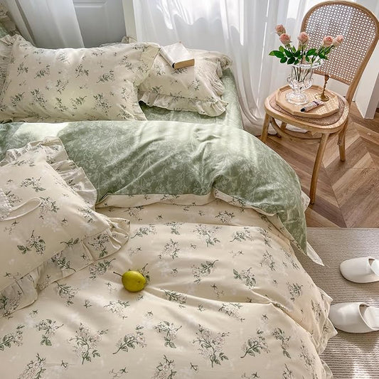 mixinni Reversible Green Floral Duvet Cover Set Twin XL Size - 100% Cotton Cute Botanical Patterns Bedding Set with Ruffle Lace, 3PCs Beige Soft Aesthetic Cottagecore Style Duvet Cover for Girls