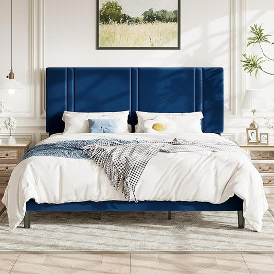 Allewie King Size Platform Bed Frame with Adjustable Headboard, Plush Velvet Upholstered, Vertical Channel Tufted, Sturdy Wooden Slats, No Box Spring Needed, Easy Assembly, Blue