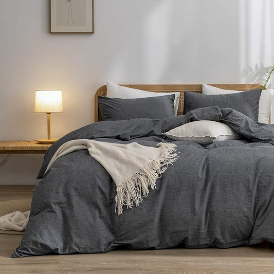 BESTOUCH Duvet Cover Set 100% Washed Cotton Linen Feel Super Soft Comfortable Chic Lightweight 2 PCs Home Bedding Set Solid Dark Black Twin/Twin XL