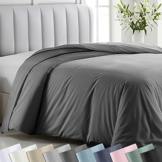 Twin XL/Twin Size Duvet Cover Only - Premium 400 Thread Count, Natural 100% Cotton Duvet Cover, Soft Sateen Weave, Button Closure and Corner Ties - Grey