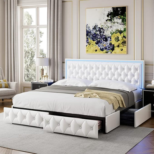 Keyluv King Upholstered LED Bed Frame with 4 Drawers, PU Leather Platform Storage Bed with Adjustable Button Tufted Headboard and Solid Wooden Slats Support, No Box Spring Needed, White