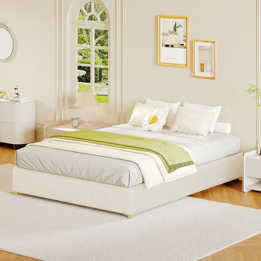 Twin Size Cloud Bed Frame，Teddy Fleece Low Bed Frame Without Headboard, Thick Boucle Fabric Upholstered Platform Bed, Solid Wood Legs, No Box Spring Needed, Never Squeak, Easy Assembly, Cream