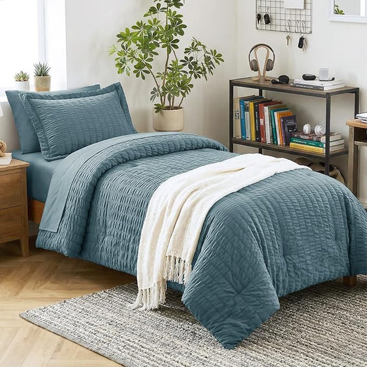 CozyLux Twin Comforter Set with Sheets 5 Pieces, Mineral Blue Seersucker Textured Bed in a Bag, Luxury Soft Bedding Sets with Down Alternative Comforter, Sheets, Pillowcase & Sham for All Seasons
