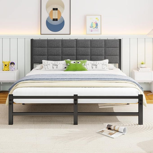 Queen Bed Frame with Headboard - Sturdy Metal Platform Bed Frames Queen Size with Storage Space Under Frame,No Box Spring Needed,Strong Steel Slats Support,Grey