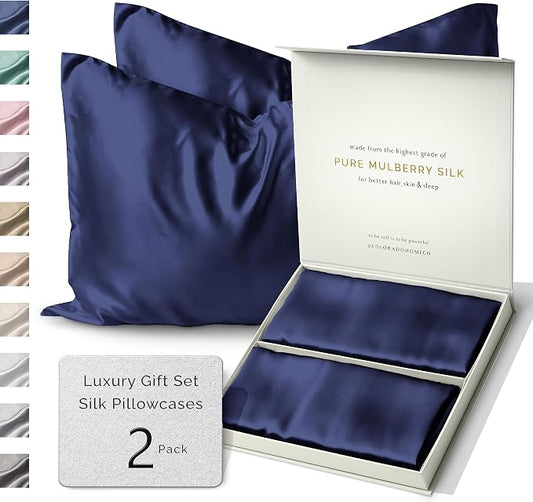 SUNDAYSILKS™ | Silk Pillow Cases 2 Pack | 22 Momme Mulberry Silk Pillowcase Set of 2 | All Sides 100% Pure Silk Slip Pillowcases Bliss for Couples, Zipper | Standard Queen, King Size, 6A [Navy Blue]