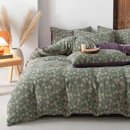 VM VOUGEMARKET Vintage Floral Jacquard Duvet Cover Set King Breathable Double Layered Gauze Bedding Collection for All-Season,Green & Purple
