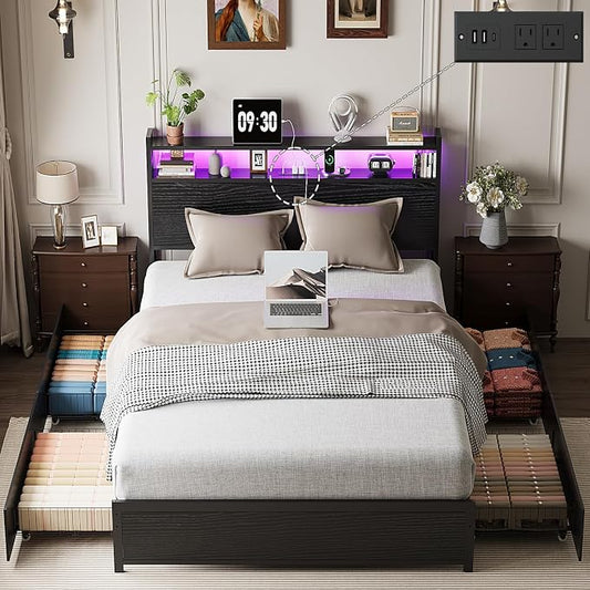 VINGLI Full Bed Frame with 4 Storage Drawers and Adjustable Headboard Shelf, Metal Double Platform Captain Bed with Charging Station and RGB LED Lights, No Box Spring Needed, Noise Free, Black