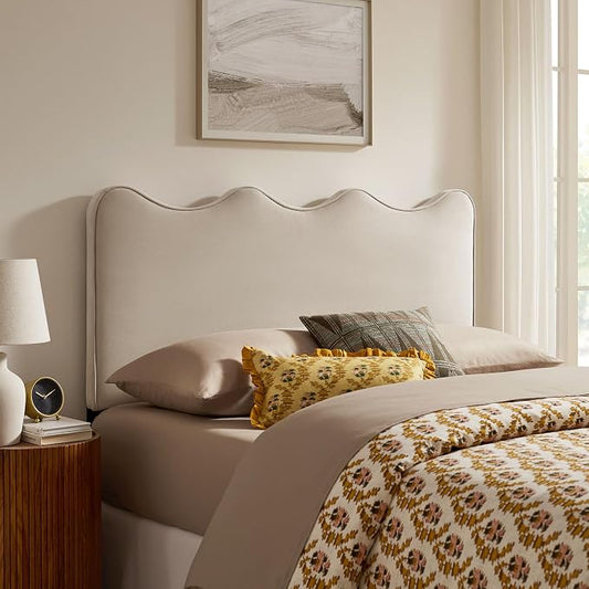 Monday Athena King Size Performance Velvet Adjustable Headboard in Almond - with Scalloped Wave Design and Stain-Resistant Velvet Upholstery