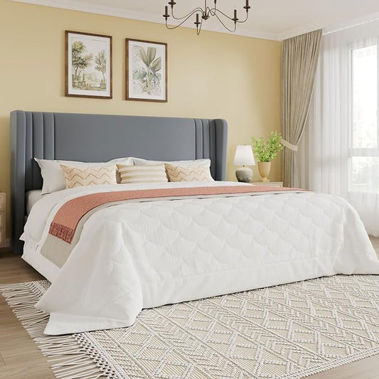 SHA CERLIN King Size Velvet Upholstered Platform Bed Frame with Vertical Channel Tufted Wingback Headboard, Wooden Slats Support, Easy Assembly, Under Bed Storage, No Box Spring Required, Grey