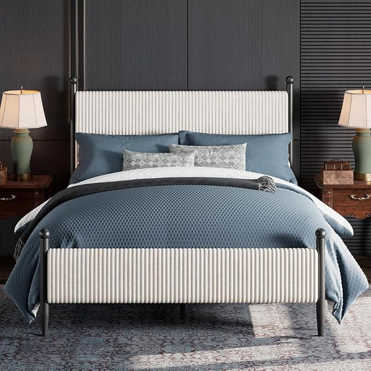Garvee Queen Size Upholstered Bed Frame - with Velvet Headboard, Soft Corduroy Fabric Platform with Wooden Slats Support & Heavy Duty Feet, No Box Spring Needed, Noise Free, Easy Assembly, White