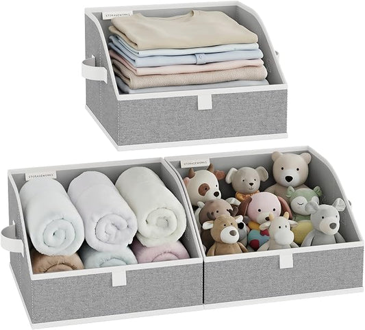 StorageWorks Closet Storage Bins, Trapezoid Organizer Box for Shelves, Fabric Clothes Bin, Foldable Organizing Baskets with Handles, Small, 3-Pack, Gray