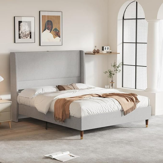 MALOL Queen Size Bed Frame with Upholstered Headboard, Linen Fabric Platform Bed Frame with USB Charging Ports, No Box Spring Needed, Sturdy Metal Support, Noise Free, Modern Bedroom Furniture,Grey