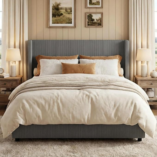 IDEALHOUSE Queen Size Upholstered Platform Bed Frame with Storage Drawers, Corduroy Wingback with Tufted Headboard and Footboard, No Box Spring Needed, Grey