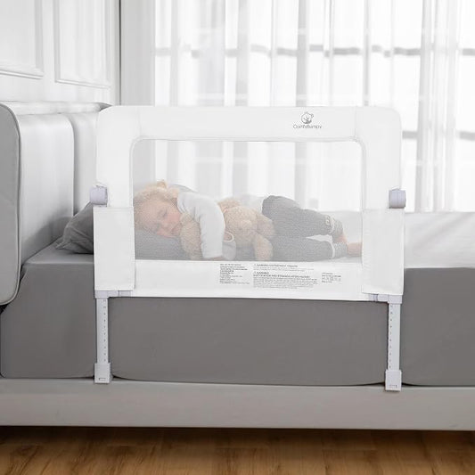ComfyBumpy Premium Adjustable Bed Rail for Toddlers, Swing-Down Safety Guard, Height Adjusts 24.4"–32.3" H, 35.5" Regular Length, Sturdy Steel & Breathable Mesh, for Twin, Full & Queen, White, 1-Pack