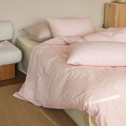 mixinni Gingham Duvet Cover King Size, 100% Cotton Light Pink and White Gingham Bedding Set for Girls, Cute Bow Print Soft Aesthetic Cottagecore Bedding 3 Pieces (1 Duvet Cover + 2 Pillowcases)