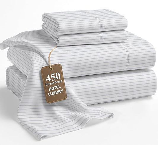 LANE LINEN 100% Cotton Sheets Queen Size – 450 Thread Count Ultra Soft Sheet Set, Durable Bedding for Daily Use, Luxury Sateen Finish, Snug Fit 15" Deep Pocket Fitted Sheet – Tickling Stripe