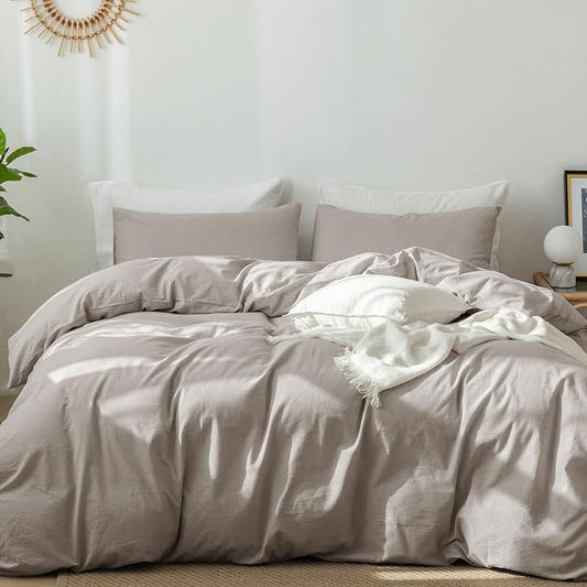 MooMee Bedding Duvet Cover Set 100% Washed Cotton Linen Like Textured Breathable Durable Soft Comfy (Heathered Brownish Grey, Super King Plus 120"x120")