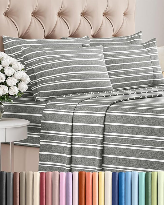 Queen 6 Piece Sheet Set - Comfy, Breathable & Cooling - Soft Hotel Luxury Bedding for Women, Men, Kids, Teens and Children - 1 Flat & 1 Fitted Sheet & 4 Pillowcases with Deep Pockets - Grey Stripes 3