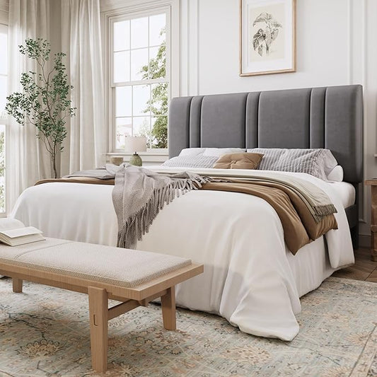 SHA CERLIN Queen Size Platform Bed Frame, Velvet Upholstered Bed with Adjustable Headboard, Vertical Channel Tufted Design, Sturdy Wood Slat Support, No Box Spring Needed, Easy Assembly, Light Grey