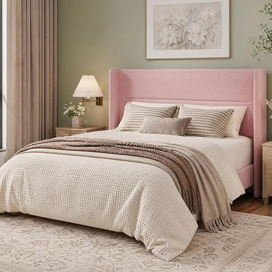 Garvee Full Size Bed Frame with Wingback Headboard, Velvet Upholstered Platform Bedframe with Wood Slats, No Box Spring Needed, Easy Assembly, Pink
