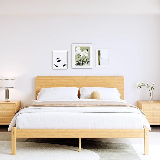 BOSRII 14in High Solid Bamboo Wood Platform King Size Bed Frame with Headboard, Reinforced Heavy Duty Metal Slats, Noise Free, No Box Spring Needed, Easy Assembly