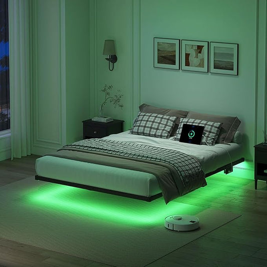 YORMDMO Floating Bed Frame King Size, Heavy Duty Bedframe with Smart LED Lights & Charging Station, Modern Metal Platform Bed, Easy Assembly No Box Spring Needed, 10 Inch