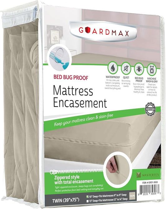Guardmax Twin Mattress Encasement with Zipper, Waterproof, Bed Bug Proof, and Dust Mite Proof Mattress Protector for Twin Size Bed up to 10" Deep, Zippered All Around Jersey Knitted Mattress Cover