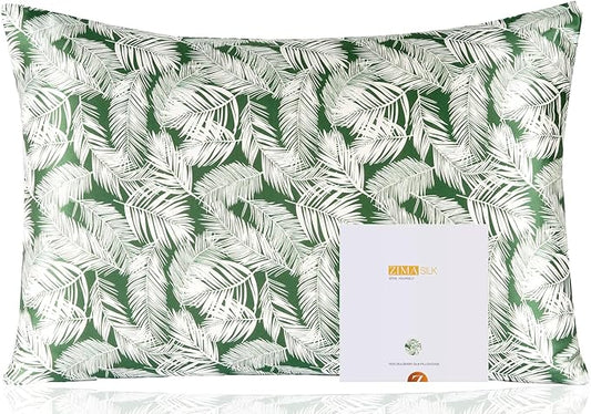 ZIMASILK 100% Pure Mulberry Silk Pillowcase for Hair and Skin Health,Both Sides 19 Momme Silk Floral Print,1pc (King 20''x36'',White Leaves)
