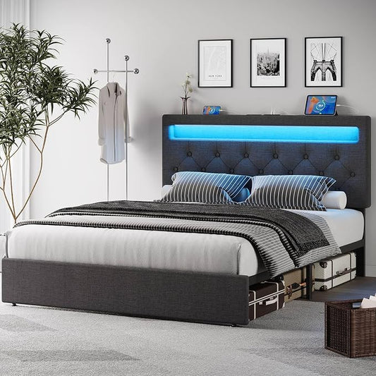 Rolanstar Queen Size Bed Frame with Charging Station, LED Bed with Under Bed Storage, Adjustable Headboard 38.9/40.8 Inches, No Box Spring Needed, Noise Free, Easy Assembly, Grey