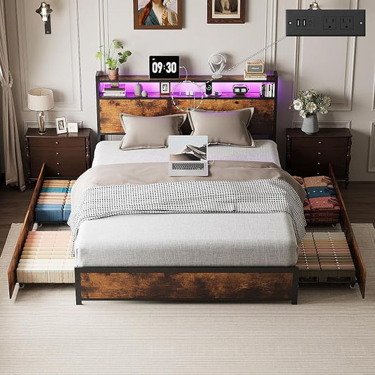 VINGLI Queen Bed Frame with 4 Storage Drawers and Headboard, Metal Platform Panel Bed with Charging Station and RGB LED Lights, No Box Spring Needed, Noise Free, Easy Assembly, Vintage Brown