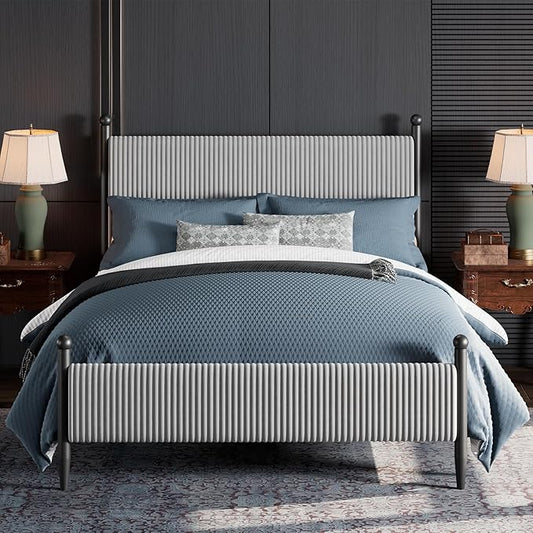 Garvee Queen Size Upholstered Bed Frame - with Velvet Headboard, Soft Corduroy Fabric Platform with Wooden Slats Support & Heavy Duty Feet, No Box Spring Needed, Noise Free, Easy Assembly, Grey