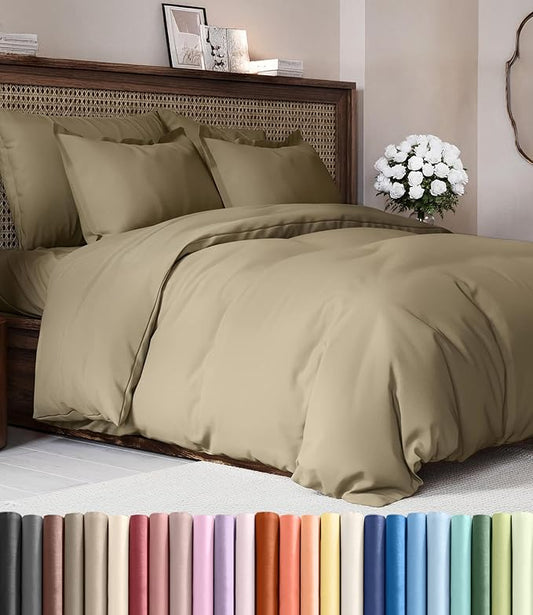 Duvet Cover Queen Size Set - Extra Soft Queen Duvet Cover 90" x 90" with 2 Pillow Shams - Hotel Luxury, Easy Care and Fade Free w/ Zipper Closures & Ties - All Season, Comfy, Cozy & Breathable (Khaki)