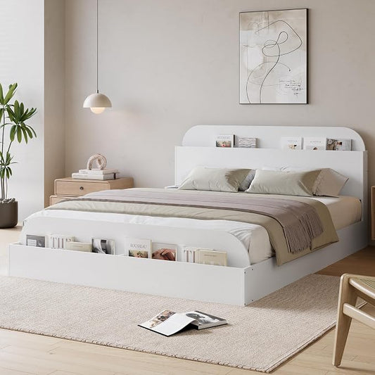 Garvee Full Size Bed Frame with Storage Headboard and Raised Footboard – Wooden Full-Floor Low Platform Bed for Bedroom, Heavy Duty & Noise Free, No Box Spring Needed, White