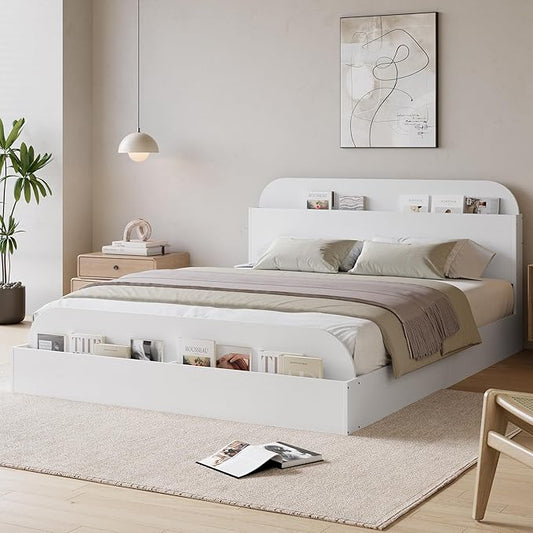 Garvee Queen Size Bed Frame with Storage Headboard and Raised Footboard – Wooden Queen-Floor Low Platform Bed for Bedroom, Heavy Duty & Noise Free, No Box Spring Needed, White