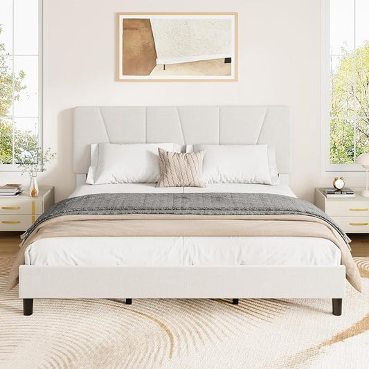 King Size Upholstered Platform Bed Frame with Adjustable Headboard, Fits 8-14 Inch Mattress, Heavy Duty Bed Frame with Wooden Slats Support, Noise-Free, Non-slip, No Box Spring Needed, Easy Assembly
