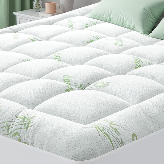 HYLEORY Mattress Topper - Thick Bamboo-Viscose Naturally Cooling Pillow Top Mattress Pad Breathable Fluffy Soft Mattress pad for Back Pain Relief, California King Size, Green