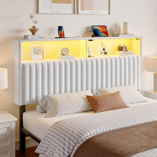 Rolanstar Headboard for Queen Size Bed with Storage, 60,000 DIY Color of LED Light, Head Board with USB & Type C Port, Height Adjustable, Velvet Upholstered, Comfortable Modern, Light White