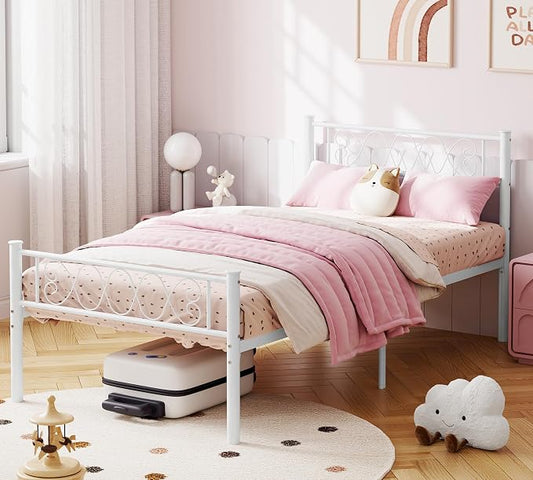 GarveeHome Twin Size Metal Bed Frame with Headboard & Footboard 13.7 Inch Metal Platform Mattress Foundation Support with Strong Metal Slats, Under Bed Storage, No Box Spring Needed