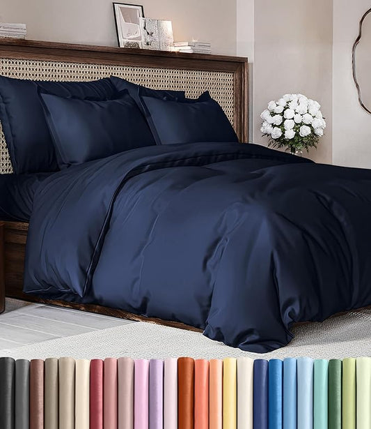 Duvet Cover Full Size Set - Extra Soft Full Duvet Cover 80" x 90" with 2 Pillow Shams - Hotel Luxury, Easy Care & Fade Free w/ Zipper Closures & Ties - All Season, Comfy, Cozy & Breathable (Navy Blue)