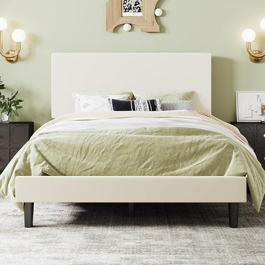 SHA CERLIN Queen Size Platform Bed Frame with Adjustable Headboard and Wooden Slats Support, Velvet Upholstered Mattress Foundation, No Box Spring Needed, Easy Assembly, Soft Cream