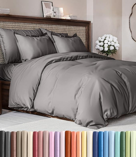 Duvet Cover King Size Set - Extra Soft King Duvet Cover 104" x 90" with 2 Pillow Shams - Hotel Luxury, Easy Care & Fade Free w/ Zipper Closures & Ties - All Season, Comfy and Breathable (Dark Grey)