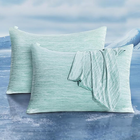 LUXEAR 2 Pack Cooling Pillow Cases for Hot Sleepers, Arc-Chill Q-Max > 0.5, Hair & Skin Friendly, Double-Sided, Machine Washable, Hidden Zipper, Gifts for Women & Men, 20x26, Green