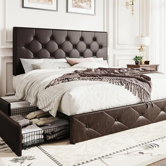 SHA CERLIN Upholstered Queen Size Platform Bed Frame with 4 Storage Drawers, Adjustable Headboard with Diamond Stitched Button Tufted Design, Wooden Slat Support, No Box Spring Needed, Black Brown