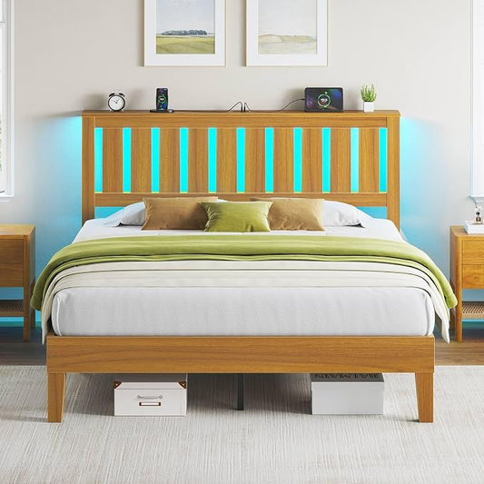 Rolanstar Full Bed Frame with Headboard, Charging Station and LED Lights, Wooden Bed Frame Foundation with Wood Slat Support, No Box Spring Needed, Pine