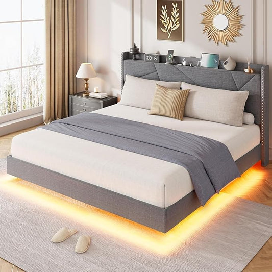 Garvee Full Size Floating Bed Frame with RGB LED Lights and Charging Station, Upholstered Platform Bed with Storage Headboard and Button Tufted Design, No Box Spring Needed, Grey