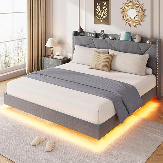 Garvee Queen Size Floating Bed Frame with RGB LED Lights and Charging Station, Upholstered Platform Bed with Storage Headboard and Button Tufted Design, No Box Spring Needed, Grey