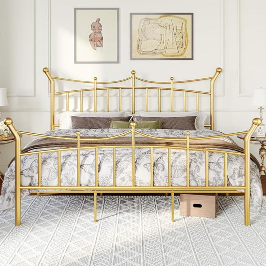 Allewie 14 Inches King Size Metal Platform Bed Frame with Elegant Crown Iron-Art Headboard & Footboard, Sturdy Mattress Foundation with Under-Bed Storage, Easy Assembly, No Box Spring Needed, Gold